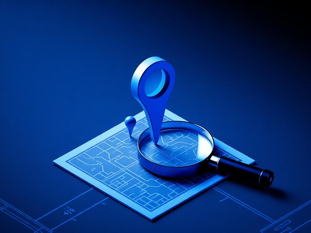 Map pin and magnifying glass over a local search blueprint